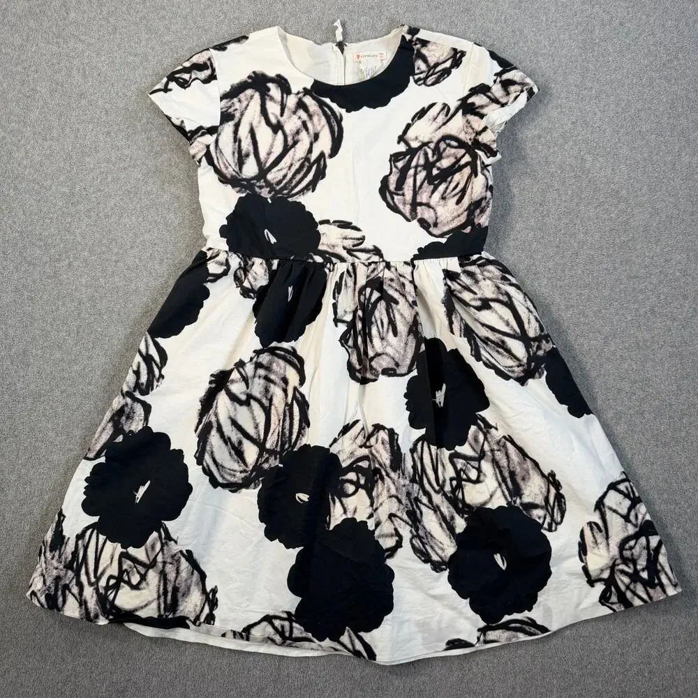 Crewcuts Girls Size 10 Black White Floral Cap Sleeve Dress Cotton Flare